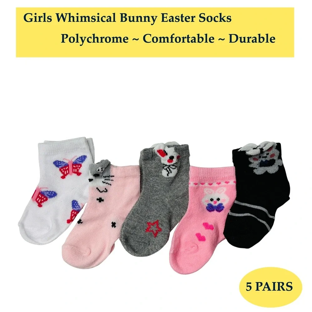 Girls Polychrome Easter Whimsical Bunny Socks 2-3T Durable Casual Pastel 5 Pairs